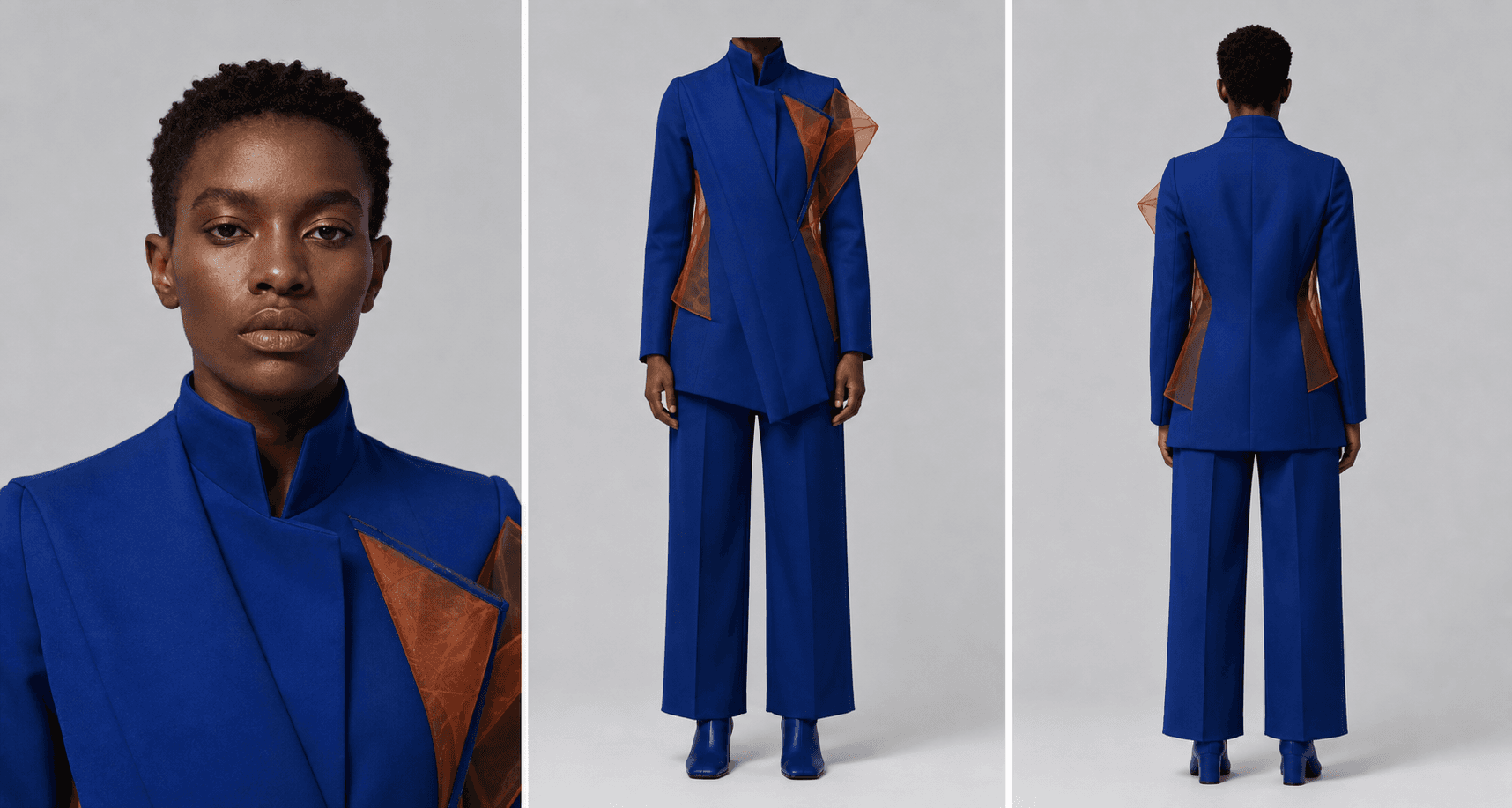 Three-panel character sheet for Imani Vale with a close portrait, front wardrobe view, and back view.